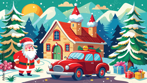 Wallpaper Mural Vintage Christmas and New Year.  Winter nature with house, Christmas tree in cozy home and red retro car for greeting card, Vector illustration of Santa Claus, cover or poster Torontodigital.ca