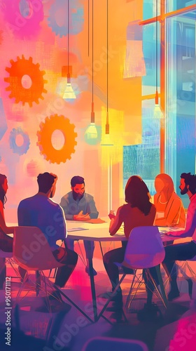 Illustration of diverse people sitting around a table, working together on a project with gears and abstract shapes in the background representing innovation, a business team work concept