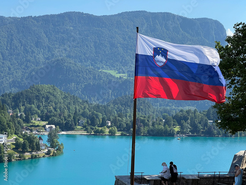 Panoramic view of Bled settlement and on Lake Bled (Blejsko jezero, Bleder See oder Veldeser See) from the castle of Bled (Blejski grad) - Bled, Slovenia photo