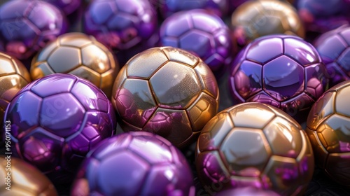 Golden and purple soccer balls with reflective shine. photo