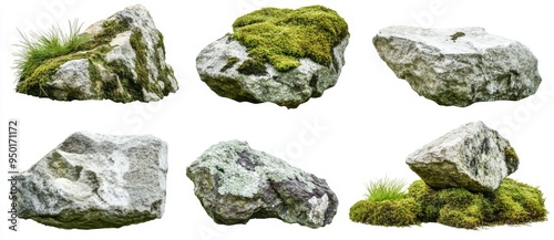 A collection of moss-covered rocks in natural settings, cut out from the natural environment