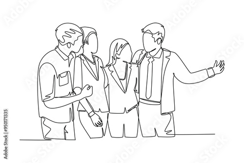 Single continuous line drawing of young happy male and female employees standing together and posing to hug each other at office. Business friendship. One line draw graphic design vector illustration