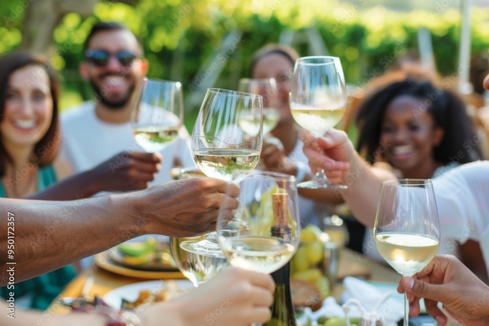 A group of people are celebrating with wine glasses. Scene is happy and festive A group of people are celebrating with wine glasses. Scene is happy and festive