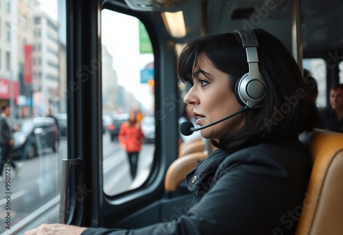 Dark haired woman in her late s wearing a headset speaking into photo