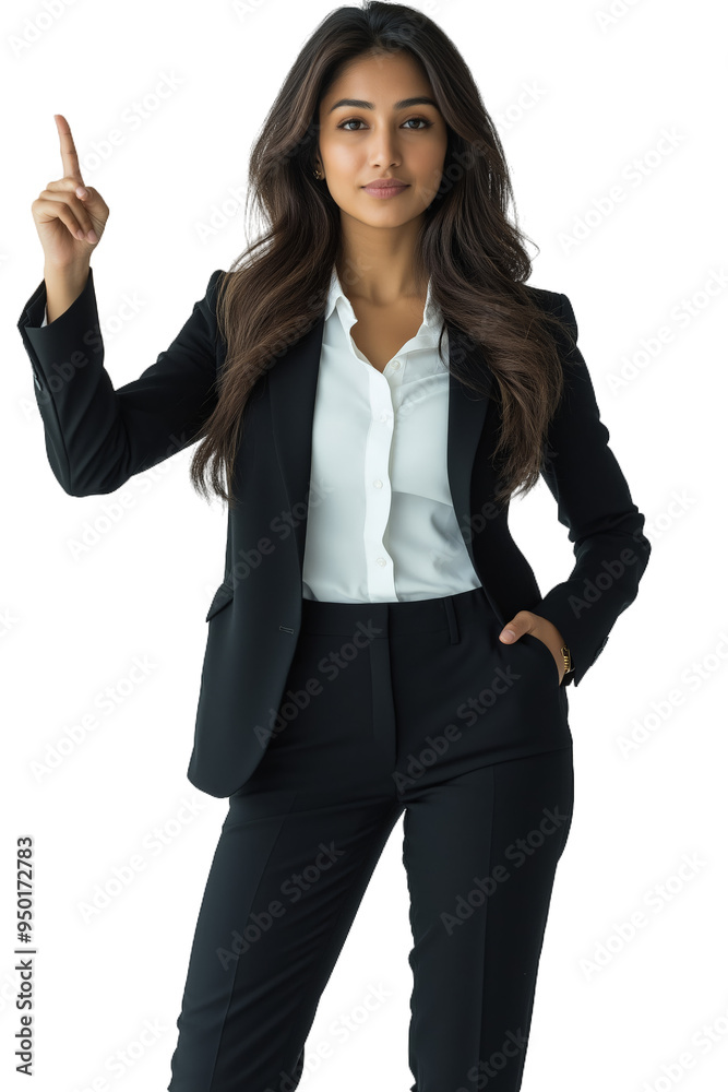 Confident Young Indian Woman in Corporate Attire Pointing Up, Transparent Background Confident Young Indian Woman in Corporate Attire Pointing Up, Transparent Background