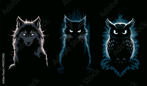 Vector Halloween animal silhouette set . A cat, wolf and owl with glow contours on black background.