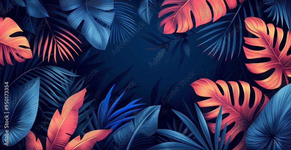 Tropical Leaves Background: Blue and Orange Foliage Tropical Leaves Background: Blue and Orange Foliage