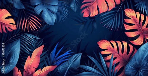 Tropical Leaves Background: Blue and Orange Foliage