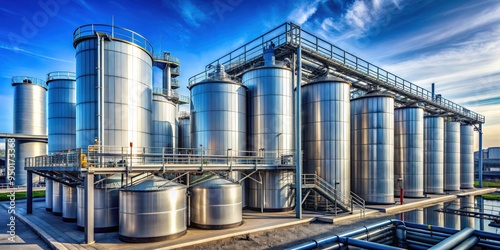 Modern industrial factory with large metal storage tanks and pipelines against a blue sky, industrial