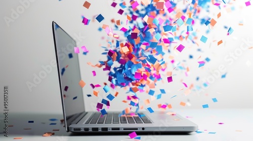 Laptop with varying confetti pieces in mid-air.