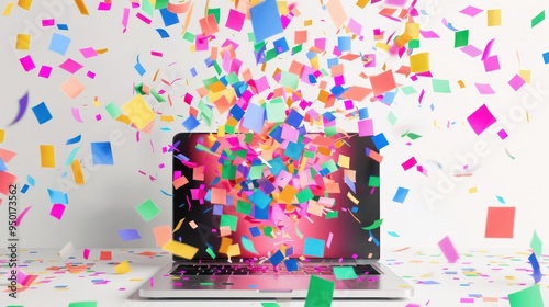 Modern laptop with colorful confetti raining down on it