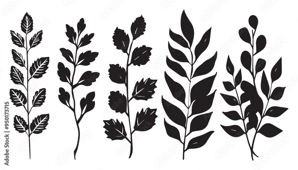Collection of Various Leaf Silhouettes in Black on White Background for Botanical Design