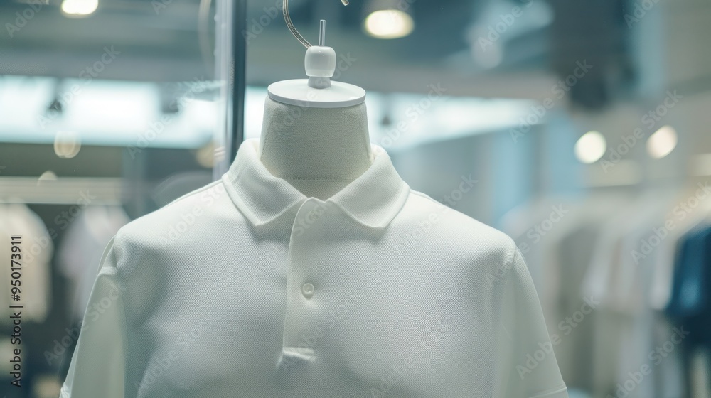 White polo shirt on mannequin in retail display, 3rd image White polo shirt on mannequin in retail display, 3rd image