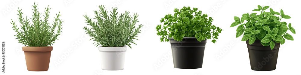 Four indoor plants in pots showcasing various green herbs, perfect for home decor or kitchen gardening.
