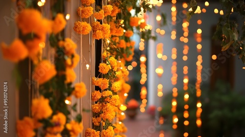 Beautifully decorated traditional Indian doorway adorned with vibrant marigold flowers and twinkling Diwali lights creating a festive and welcoming atmosphere for the holiday photo