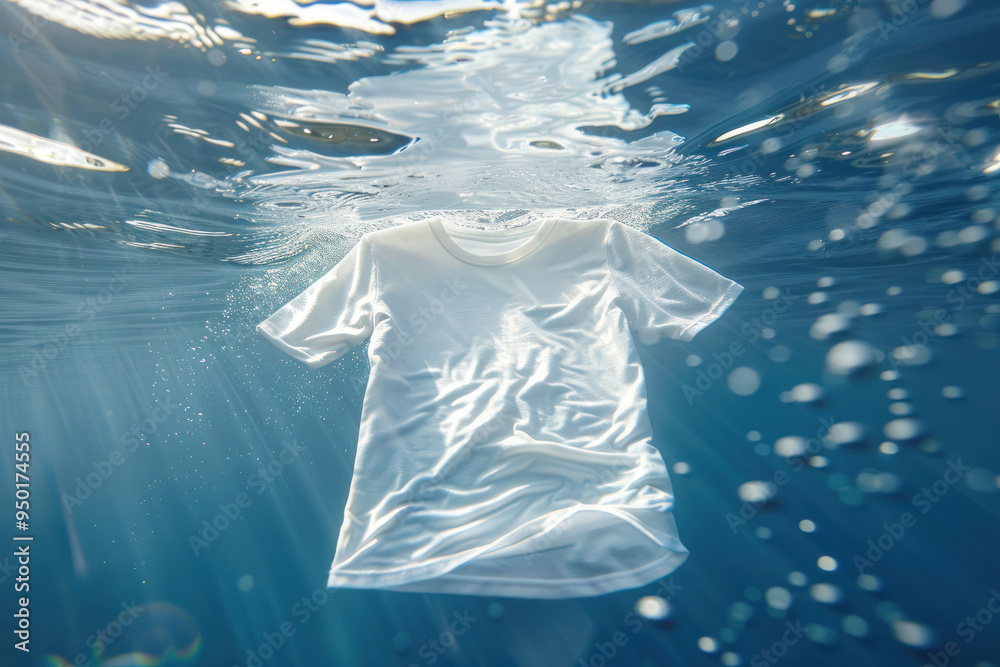 Floating white T-shirt in blue water with sunlight rays Floating white T-shirt in blue water with sunlight rays