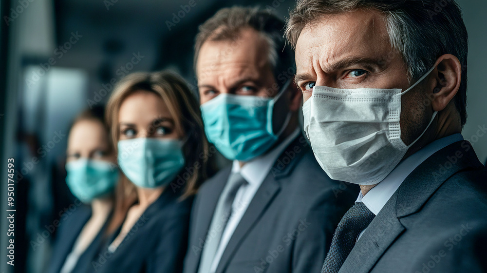 people in suits and medical masks stand next to each other, looking into the frame people in suits and medical masks stand next to each other, looking into the frame