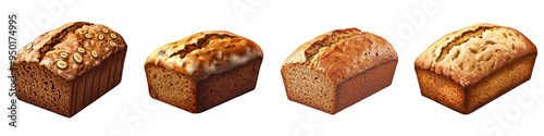 Four delicious loaves of freshly baked bread showcasing different textures and colors, perfect for culinary presentations.