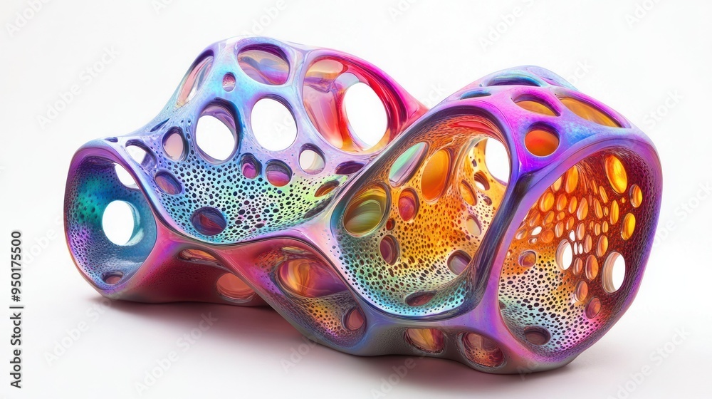 Abstract Glass Sculpture with Multicolored Iridescent Finish and Circular Cutouts Abstract Glass Sculpture with Multicolored Iridescent Finish and Circular Cutouts