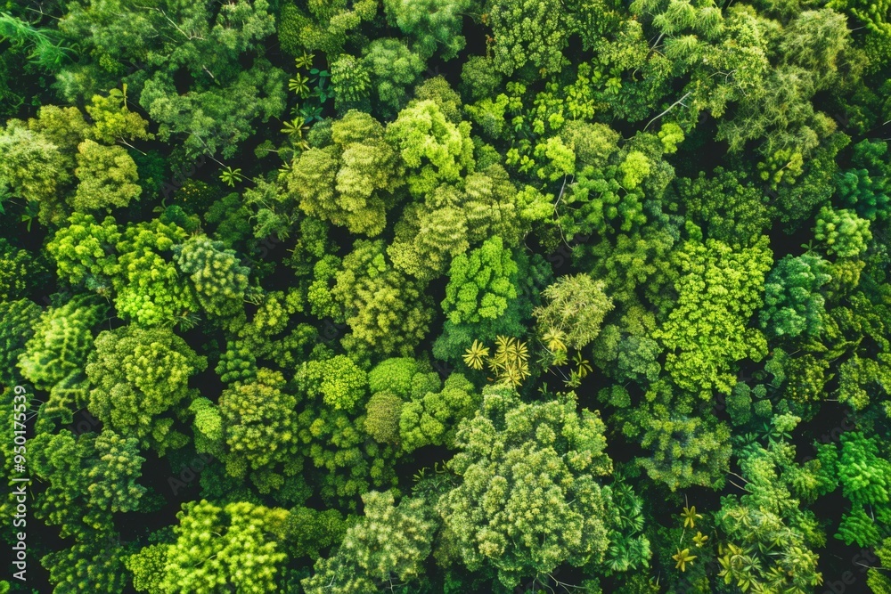Naklejka premium A lush green forest with many trees and a lot of green foliage. The trees are tall and spread out, creating a sense of depth and vastness. The image conveys a feeling of tranquility and serenity