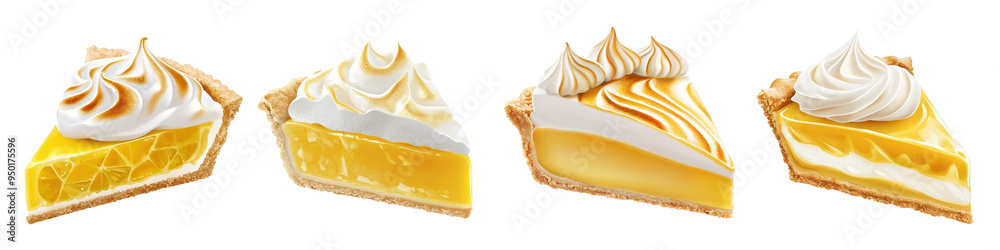 Delicious slices of lemon meringue pie, showcasing their vibrant yellow filling and fluffy white topping for a mouthwatering dessert. Delicious slices of lemon meringue pie, showcasing their vibrant yellow filling and fluffy white topping for a mouthwatering dessert.