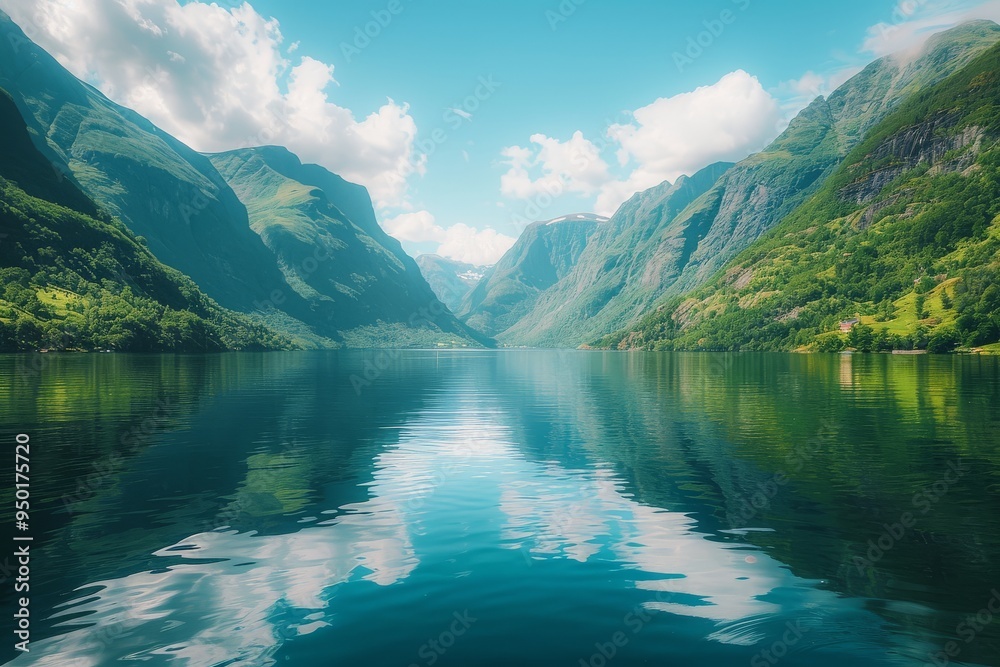 Stunning View of Norwegian Fjords with Lush Green Mountains and Reflective Lake, Showcasing Nature's Beauty in Clear Blue Skies Stunning View of Norwegian Fjords with Lush Green Mountains and Reflective Lake, Showcasing Nature's Beauty in Clear Blue Skies