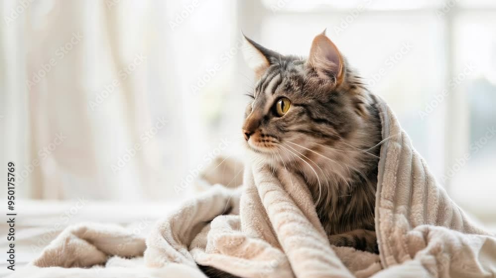A cat relaxes on a bed covered in a cozy blanket, enjoying a pampering spa experience A cat relaxes on a bed covered in a cozy blanket, enjoying a pampering spa experience