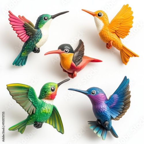 A collection of colorful hummingbird figurines displayed artistically.