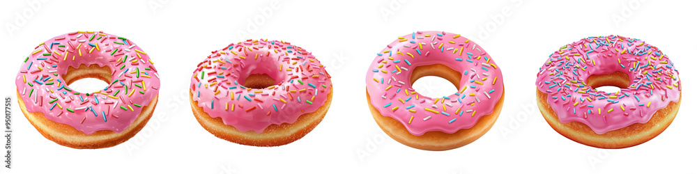 A delightful arrangement of pink frosted donuts adorned with colorful sprinkles, perfect for sweet treats and dessert displays. A delightful arrangement of pink frosted donuts adorned with colorful sprinkles, perfect for sweet treats and dessert displays.