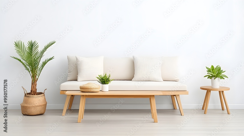 A natural wood coffee table placed in front of a minimalist sofa, with a single throw pillow and a small plant as the only accessories minimalist realistic A natural wood coffee table placed in front of a minimalist sofa, with a single throw pillow and a small plant as the only accessories minimalist realistic
