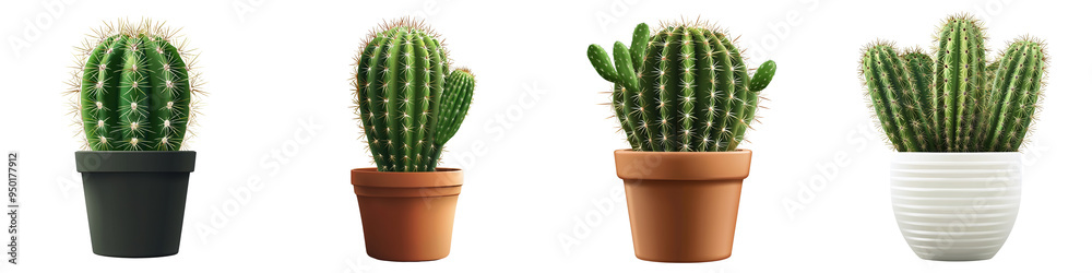 A collection of vibrant cacti in various pots, showcasing their unique shapes and textures, perfect for plant lovers.