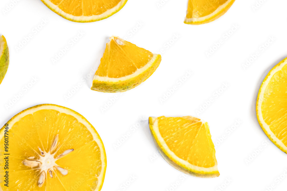 Fototapeta premium Orange fruit slices isolated on white background. Top view. Flat lay.