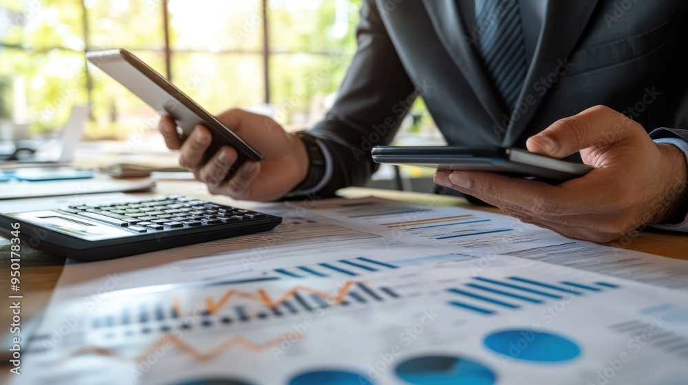 Fototapeta premium Side view of a businessman working on a financial report, using a calculator, digital tablet, and laptop in a modern office setting.