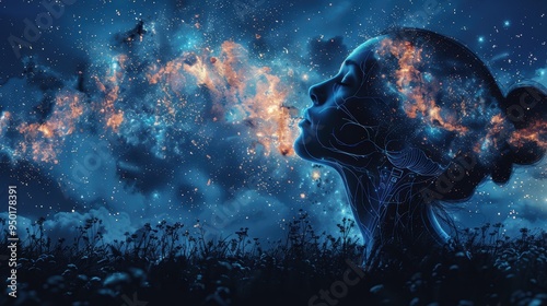 Futuristic Cyborg Guiding Human Evolution under Starlit Night Sky with Brain Sketch - Artificial Intelligence Concept.