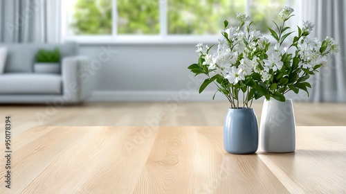 Close-up of a natural wood coffee table with a smooth, polished surface, complemented by modern minimalist decor in a bright, open space, highlighting the natural grain and texture of the wood