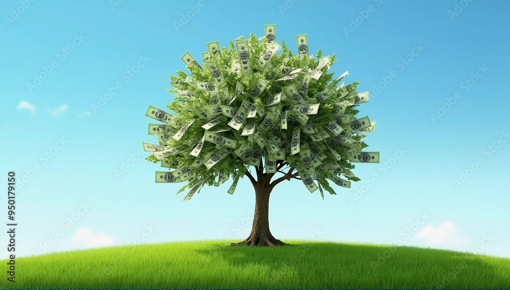 Money Tree, a tree with currency notes as leaves, set against a clear blue sky Money Tree, a tree with currency notes as leaves, set against a clear blue sky