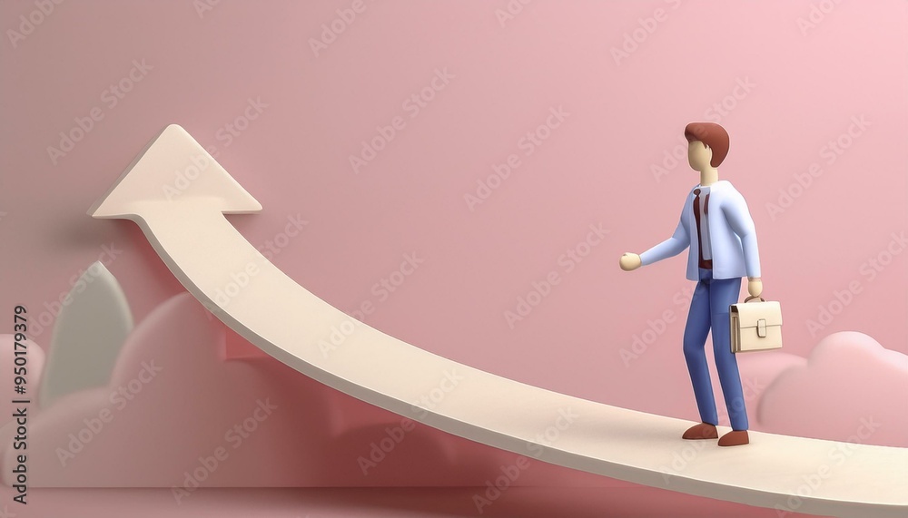 Obraz premium A stylized figure walks toward a growing arrow, symbolizing progress and success in a professional journey.
