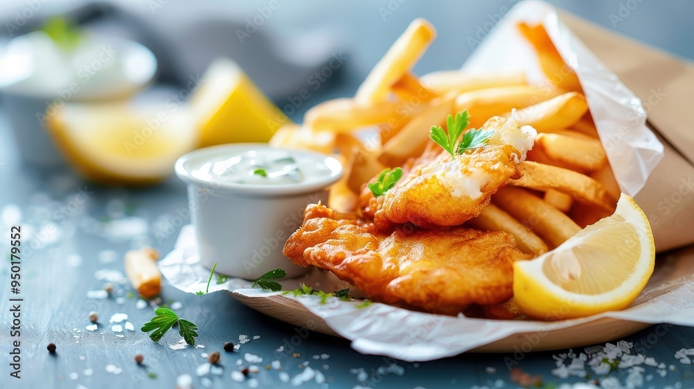 Tartar sauce as a classic accompaniment to a plate of fish and chips, with lemon wedges and parsley. Tartar sauce as a classic accompaniment to a plate of fish and chips, with lemon wedges and parsley.
