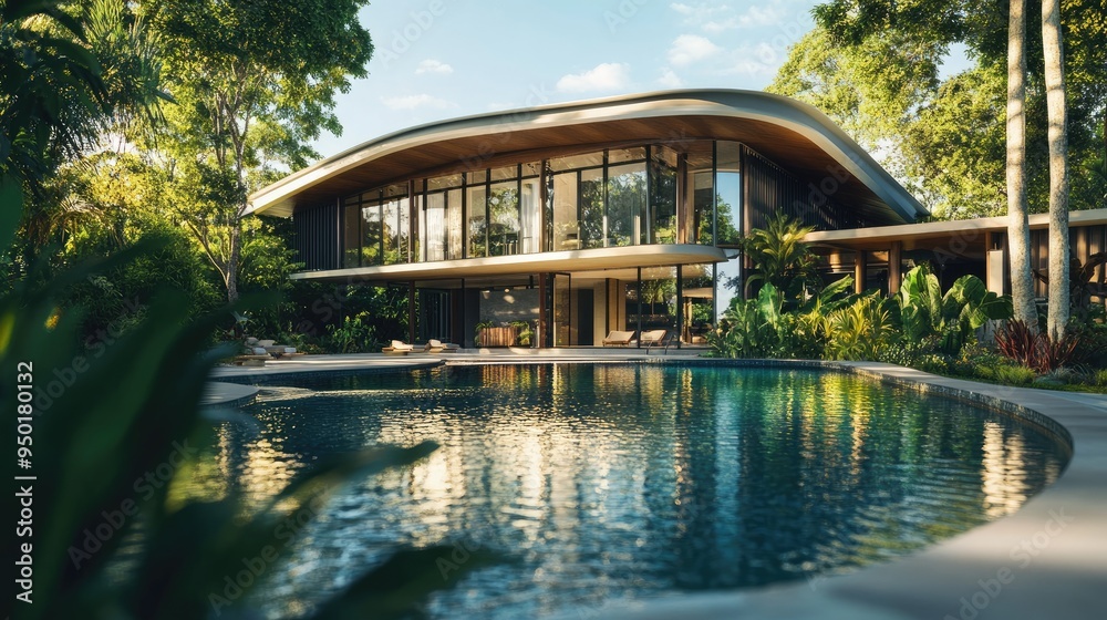 Wide-angle shot of a contemporary building with a curved roof, featuring a large pool in the foreground, framed by lush landscaping.