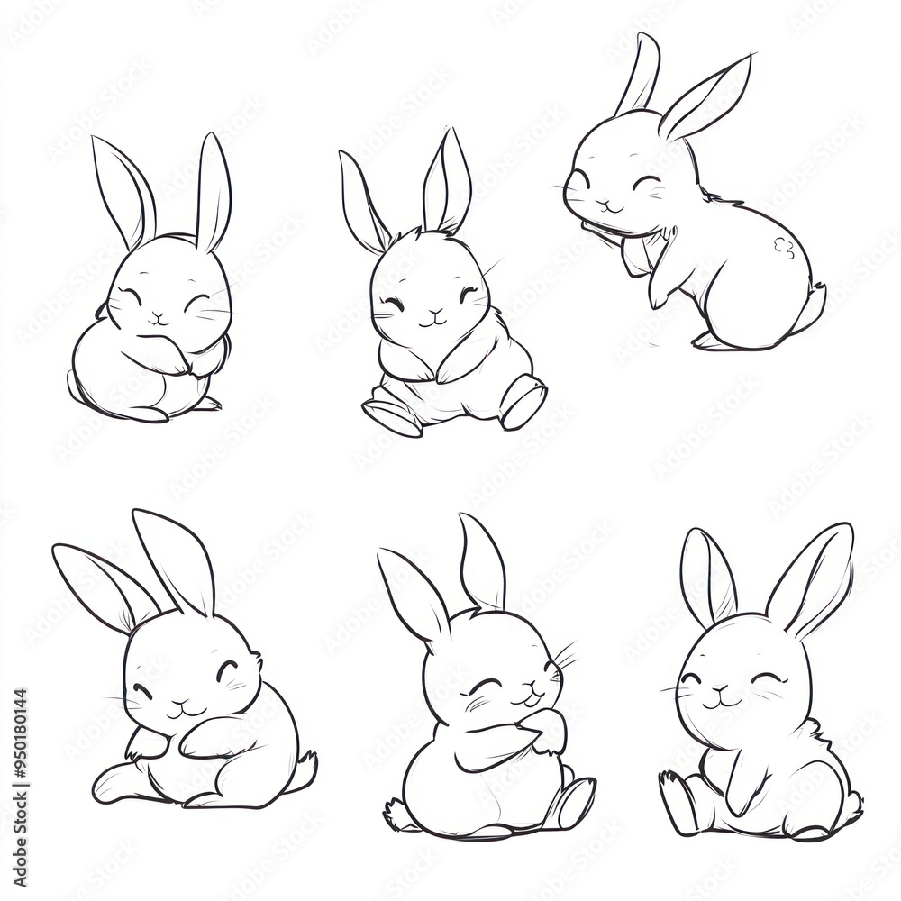 A series of cute, cartoon-style rabbits in various playful poses. A series of cute, cartoon-style rabbits in various playful poses.