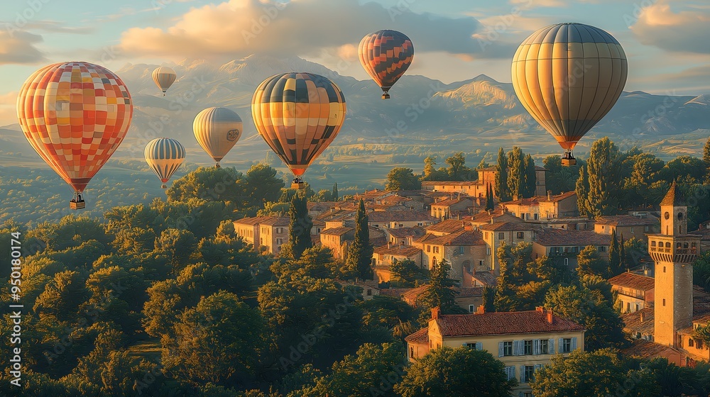 Fototapeta premium Many hot air balloons above Provence, France, in a realistic daylight setting..