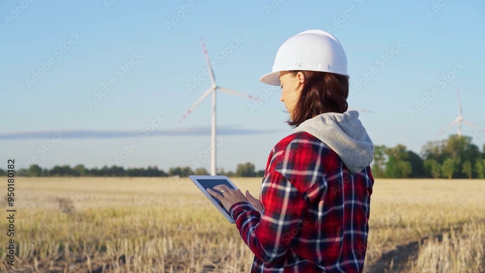 Woman engineer wearing a white protective helmet is taking notes with a tablet computer on a field with wind turbines, as the sun sets. Clean energy and engineering concept Woman engineer wearing a white protective helmet is taking notes with a tablet computer on a field with wind turbines, as the sun sets. Clean energy and engineering concept