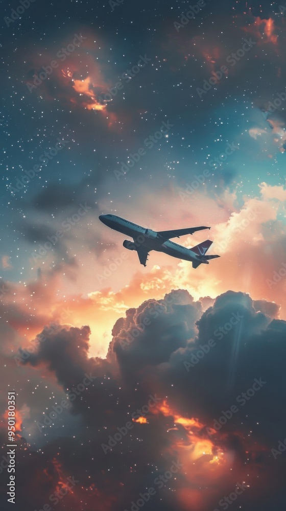 An airplane soars in a colorful sunset sky with pink clouds resembling cotton. Stars dot the serene scene with a white body, red-tipped wings, and a peaceful ambiance.