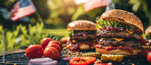 An outdoor barbecue scene with double-decker cheeseburgers, veggies, and American flags evokes a perfect summer party under sunny skies.