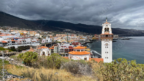 Candelaria city view, Canary Islands. Landscape before thunderstorm, skyline at dusk