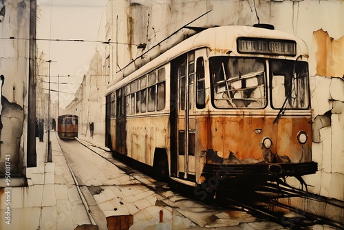 fresco collotype the trolleybus depicted as a fresco with cracke