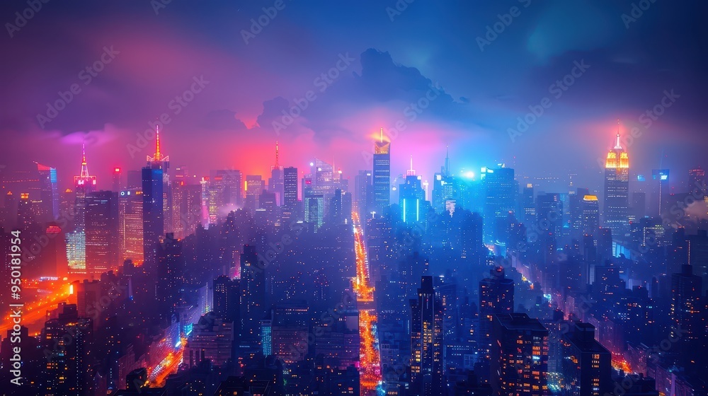 Fototapeta premium Vibrant Night Cityscape: Glowing Skyscrapers and Urban Life Hustle