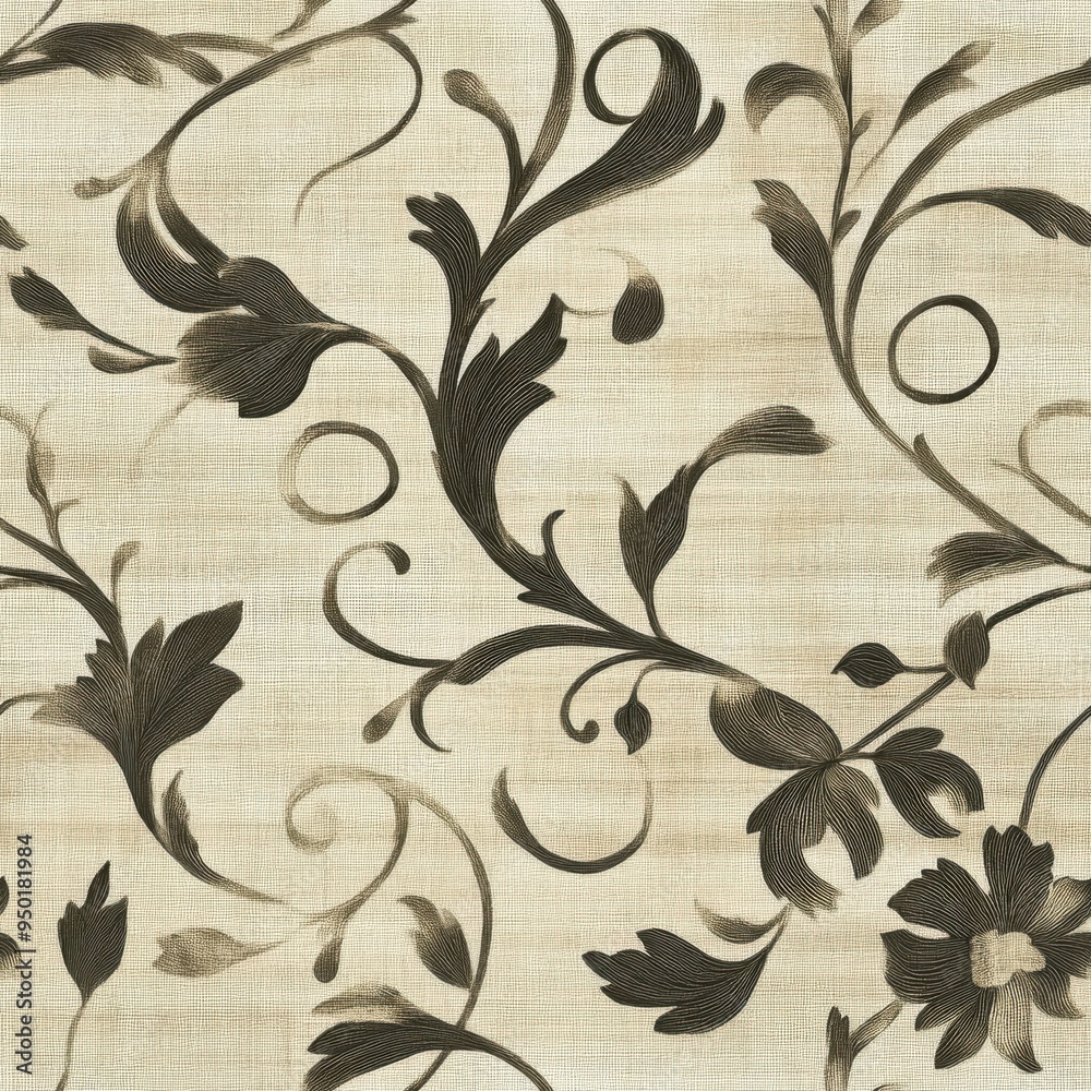 Fototapeta premium Vintage Baroque ornamental scroll and vine pattern on vintage beige fabric background, seamless repeating pattern, textile print style, minimal, Baroque design, seamless scroll and vine pattern