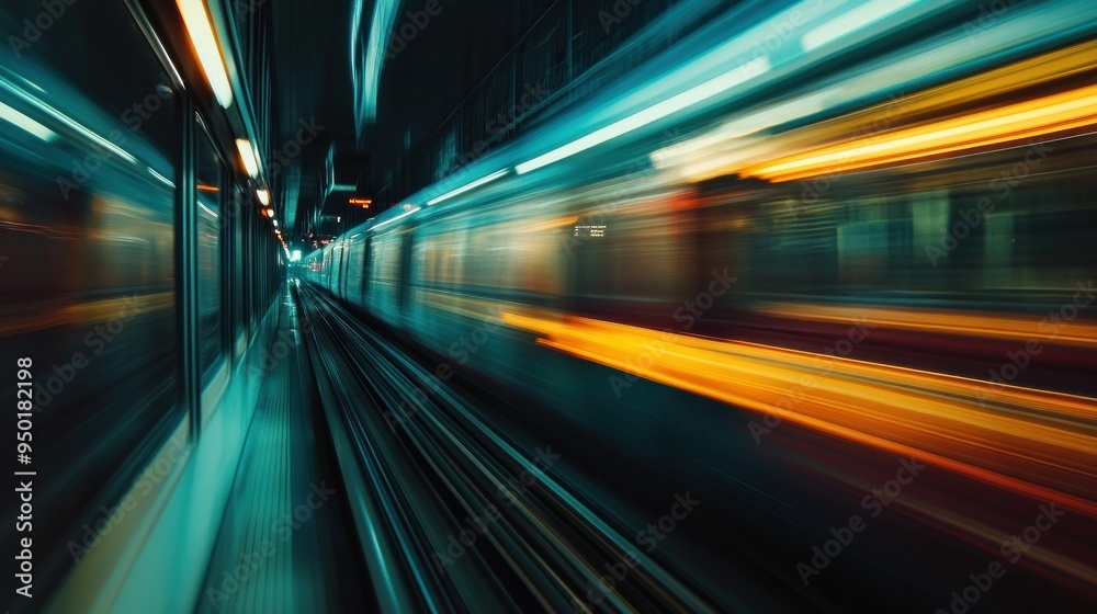 Blurred View of a Train Traveling Through a Tunnel at Night