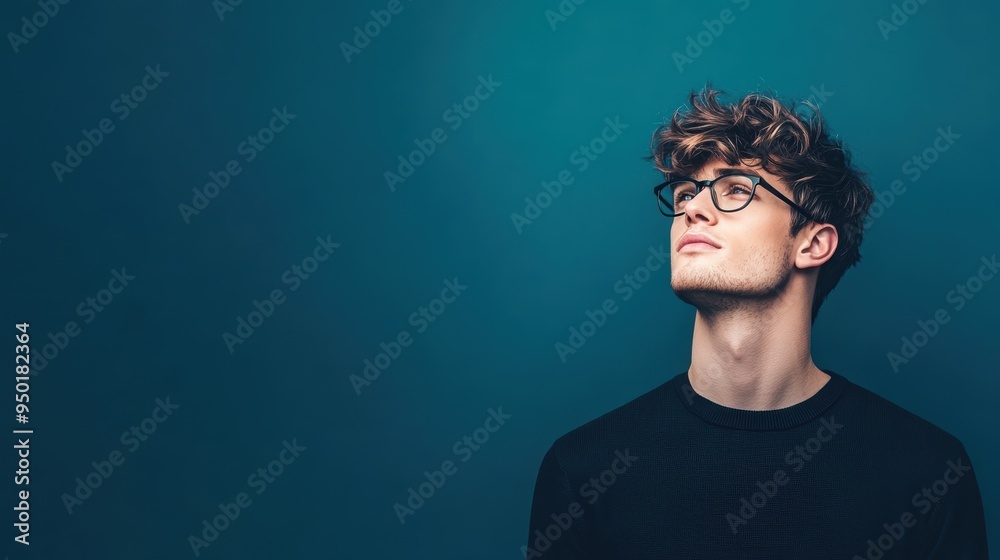 A young man with stylish hair and glasses looks thoughtfully to the side against a teal background, capturing modern style and introspection. A young man with stylish hair and glasses looks thoughtfully to the side against a teal background, capturing modern style and introspection.